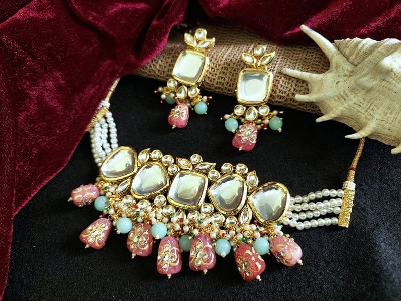 Gold Finish Kundan Polki & Pink Beaded Choker Necklace With Earrings