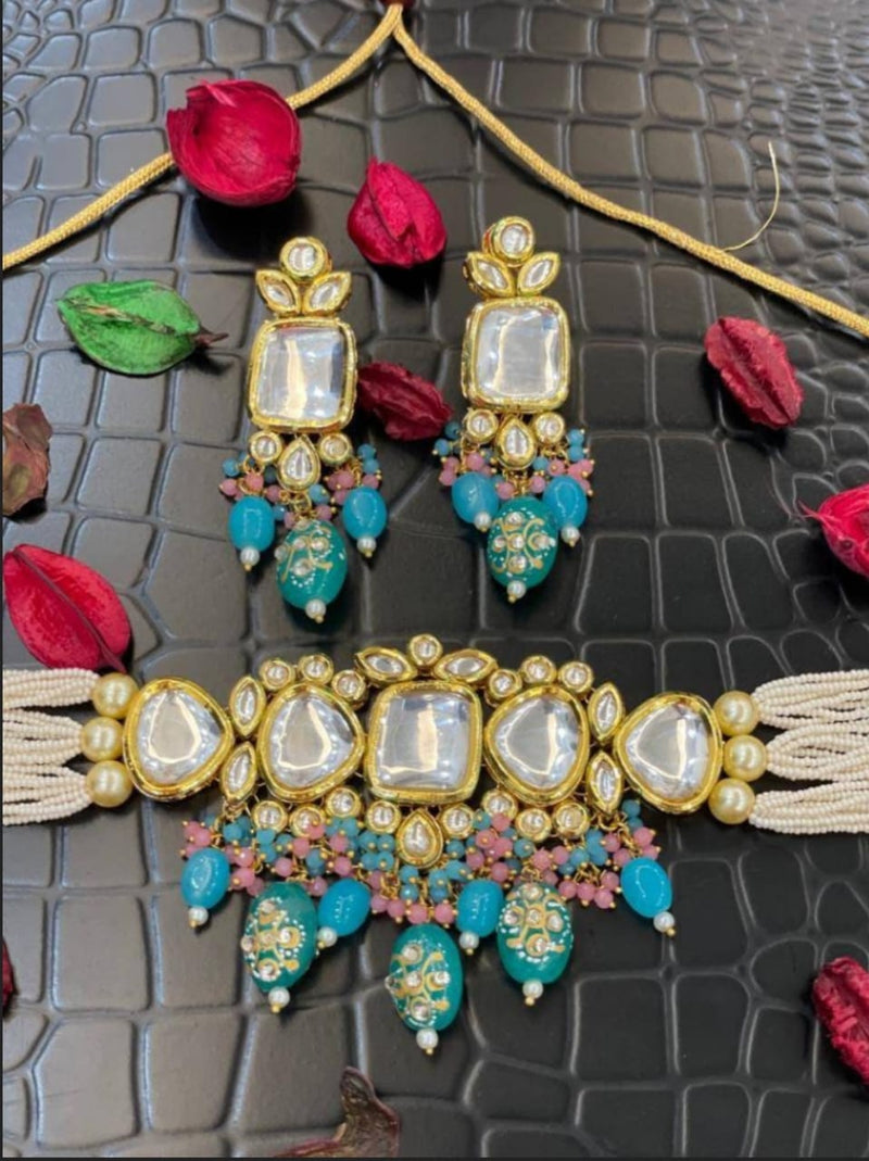 Gold Finish Kundan Polki & Rani Blue Beaded Choker Necklace With Earrings