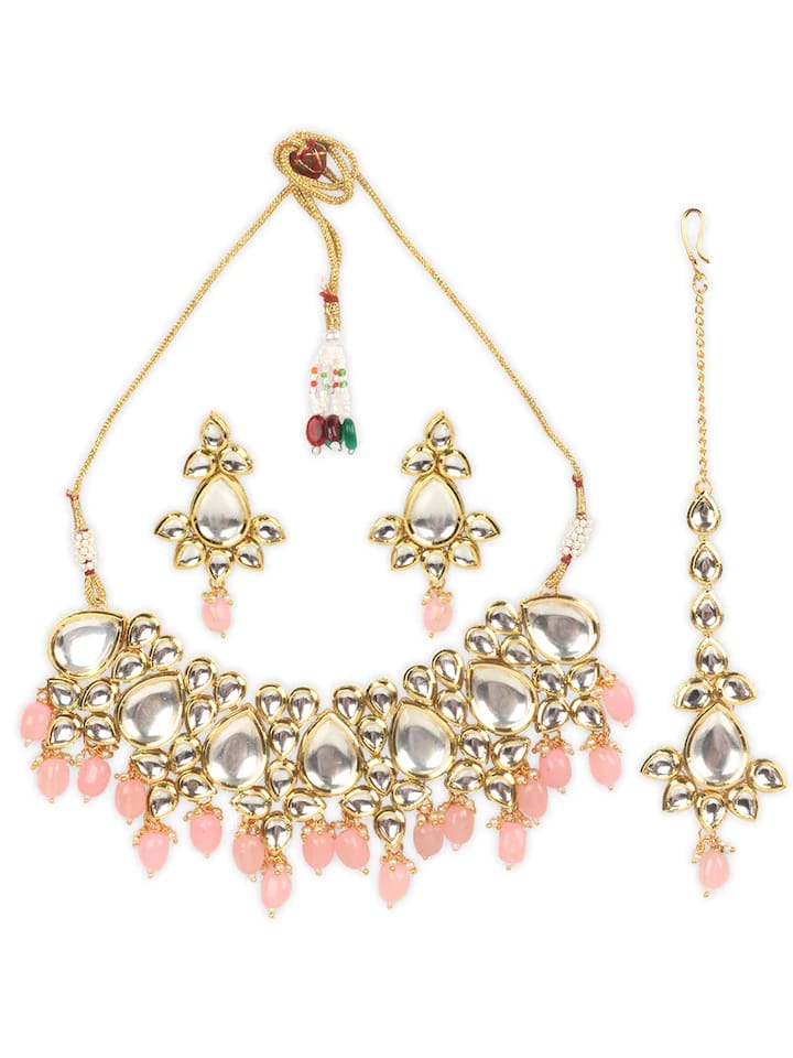 Gold-Plated Peach Kundan-Studded Jewellery Set