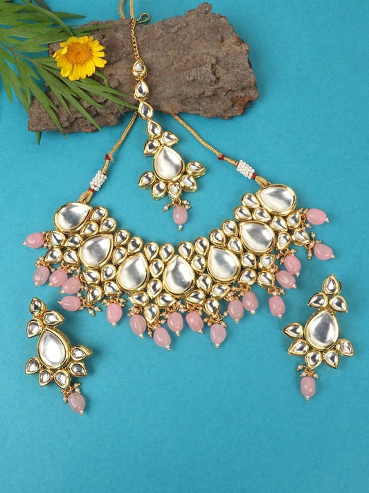 Gold-Plated Peach Kundan-Studded Jewellery Set