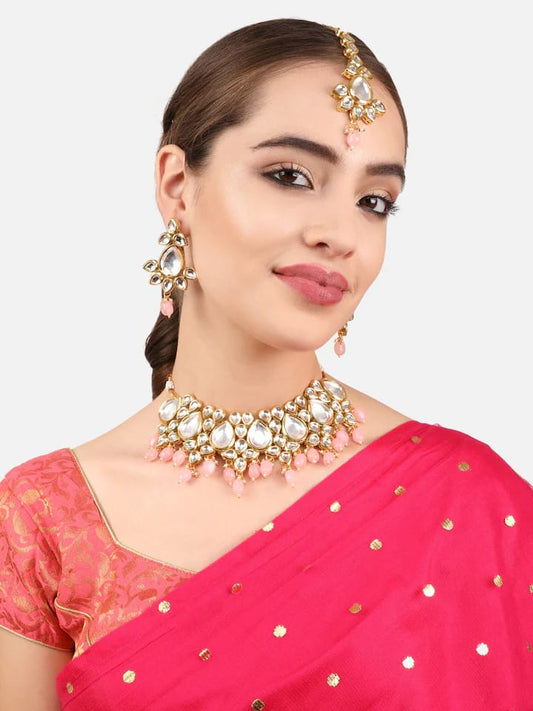 Gold-Plated Peach Kundan-Studded Jewellery Set