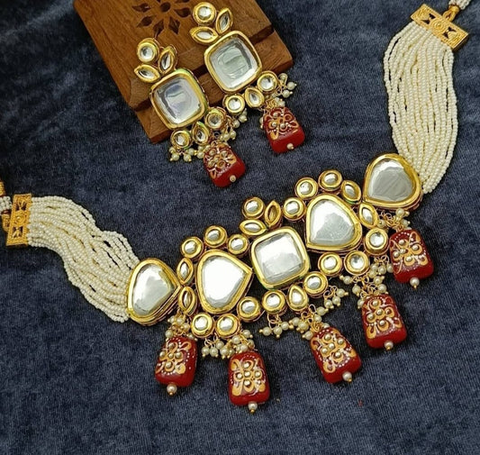 Gold Plated Pearl Necklace Set With Earrings