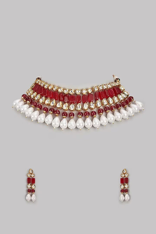 Gold Plated Kundan Polki & Ruby Beaded Choker Necklace Set