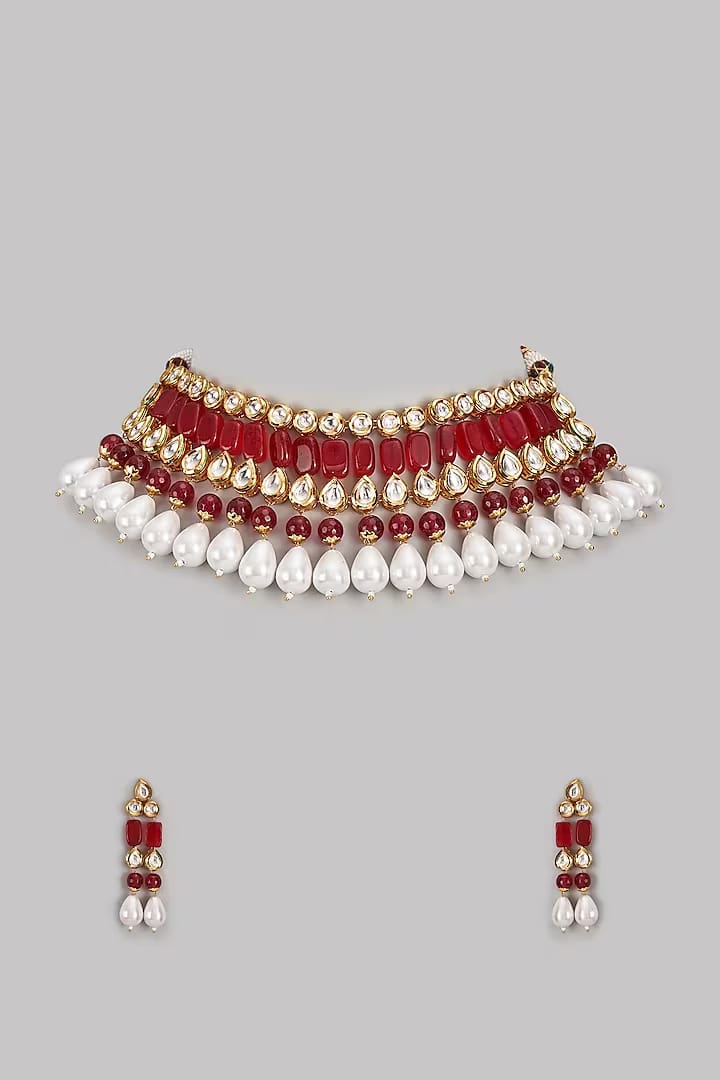 Gold Plated Kundan Polki & Ruby Beaded Choker Necklace Set
