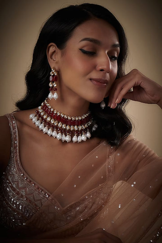Gold Plated Kundan Polki & Ruby Beaded Choker Necklace Set