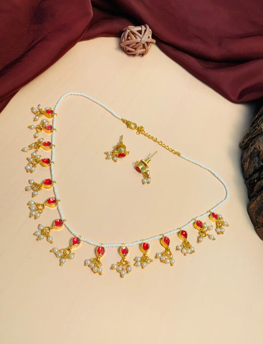Gold Plated Red Kundan Embellished Choker Necklace Set