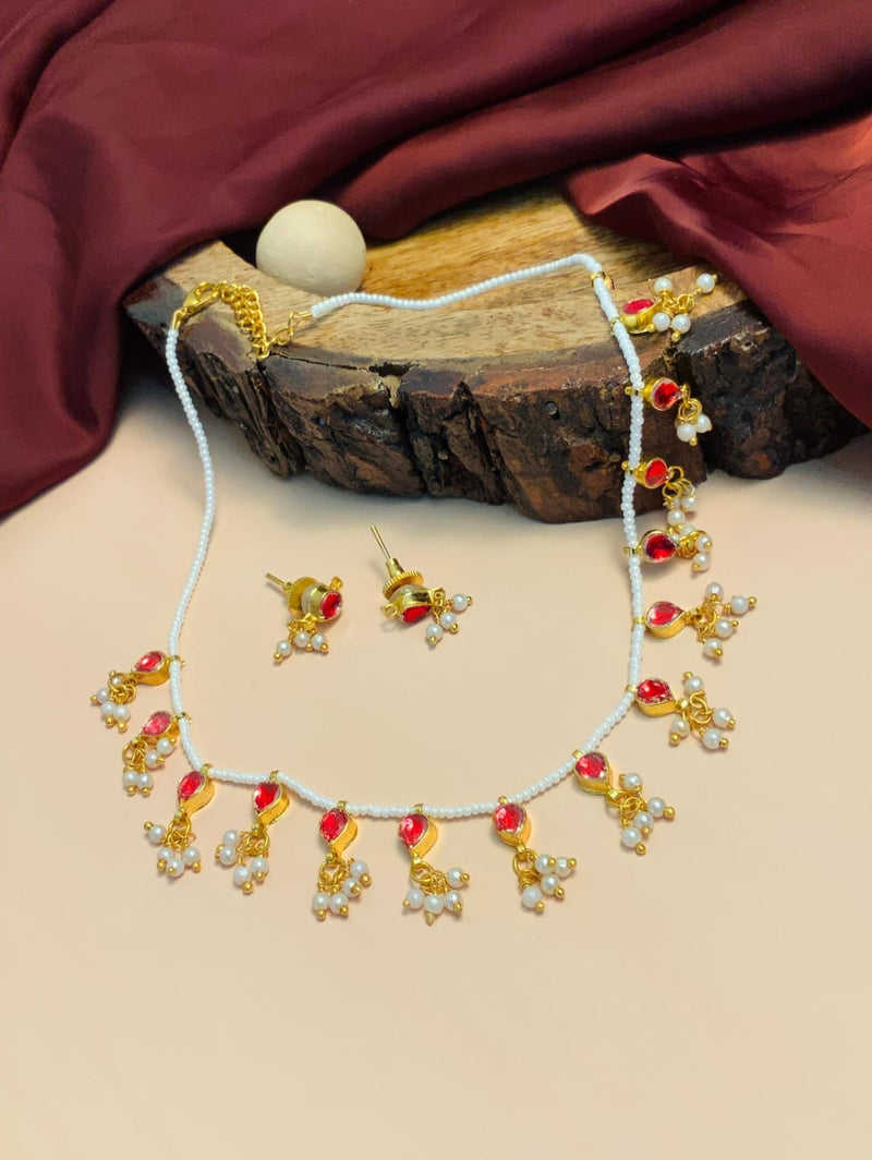 Gold Plated Red Kundan Embellished Choker Necklace Set