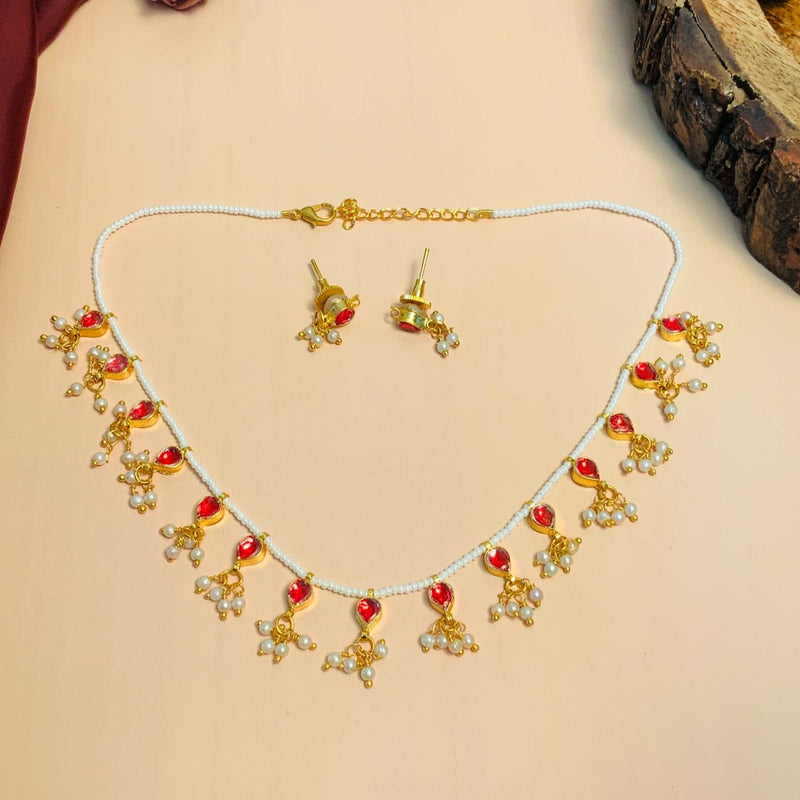 Gold Plated Red Kundan Embellished Choker Necklace Set