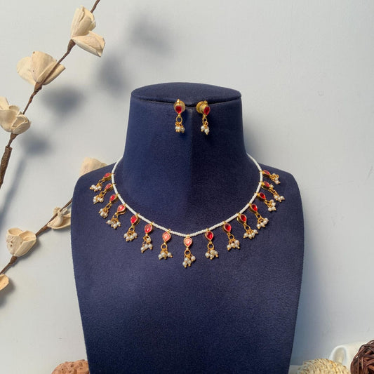 Gold Plated Red Kundan Embellished Choker Necklace Set