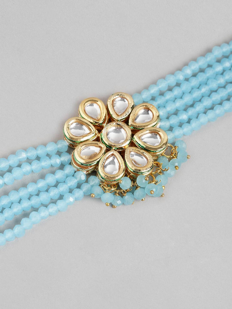 Gold Plated Kundan Choker Necklace Set (Sky Blue)