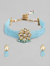 Gold Plated Kundan Choker Necklace Set (Sky Blue)