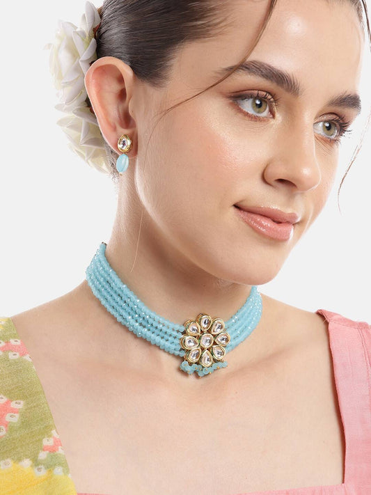 Gold Plated Kundan Choker Necklace Set (Sky Blue)