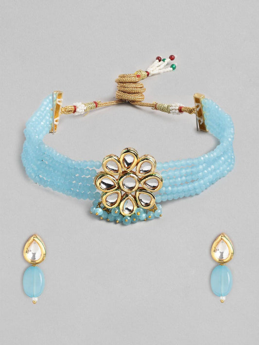 Gold Plated Kundan Choker Necklace Set (Sky Blue)