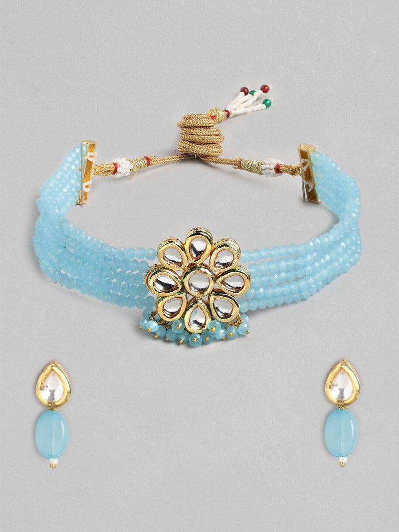 Gold Plated Kundan Choker Necklace Set (Sky Blue)
