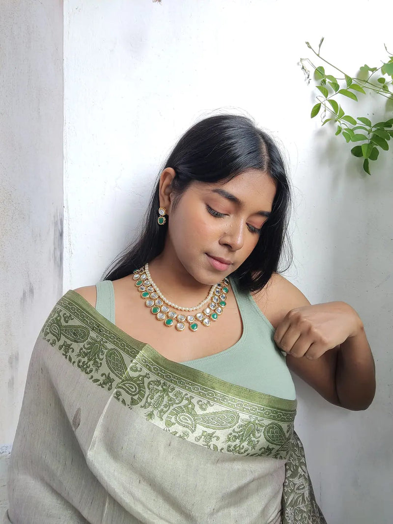 Gold Plated White Green Kundan Choker Necklace Set