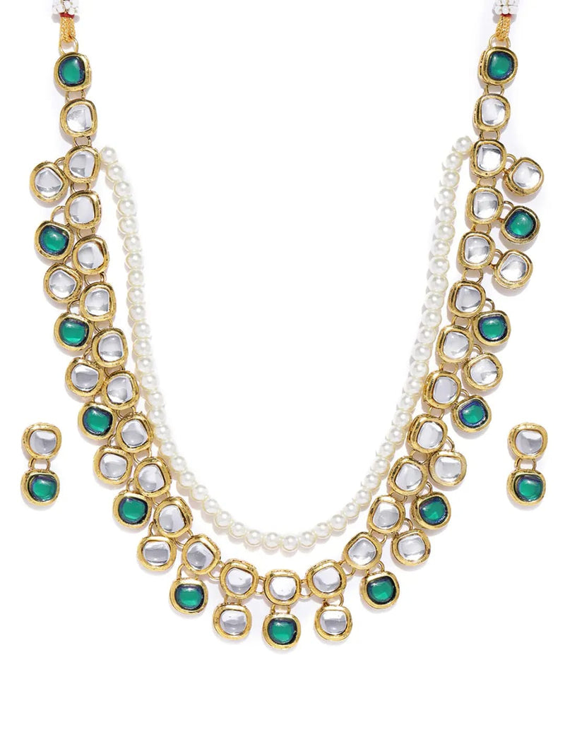 Gold Plated White Green Kundan Choker Necklace Set