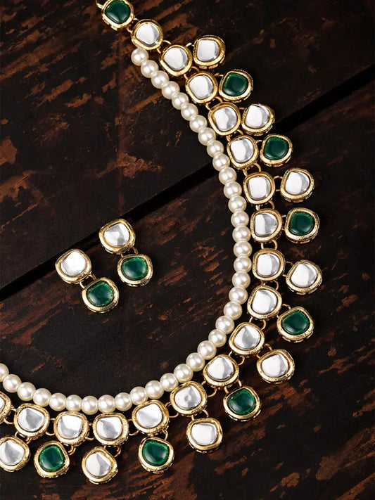 Gold Plated White Green Kundan Choker Necklace Set