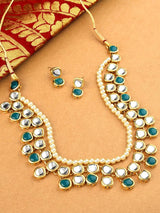 Gold Plated White Green Kundan Choker Necklace Set