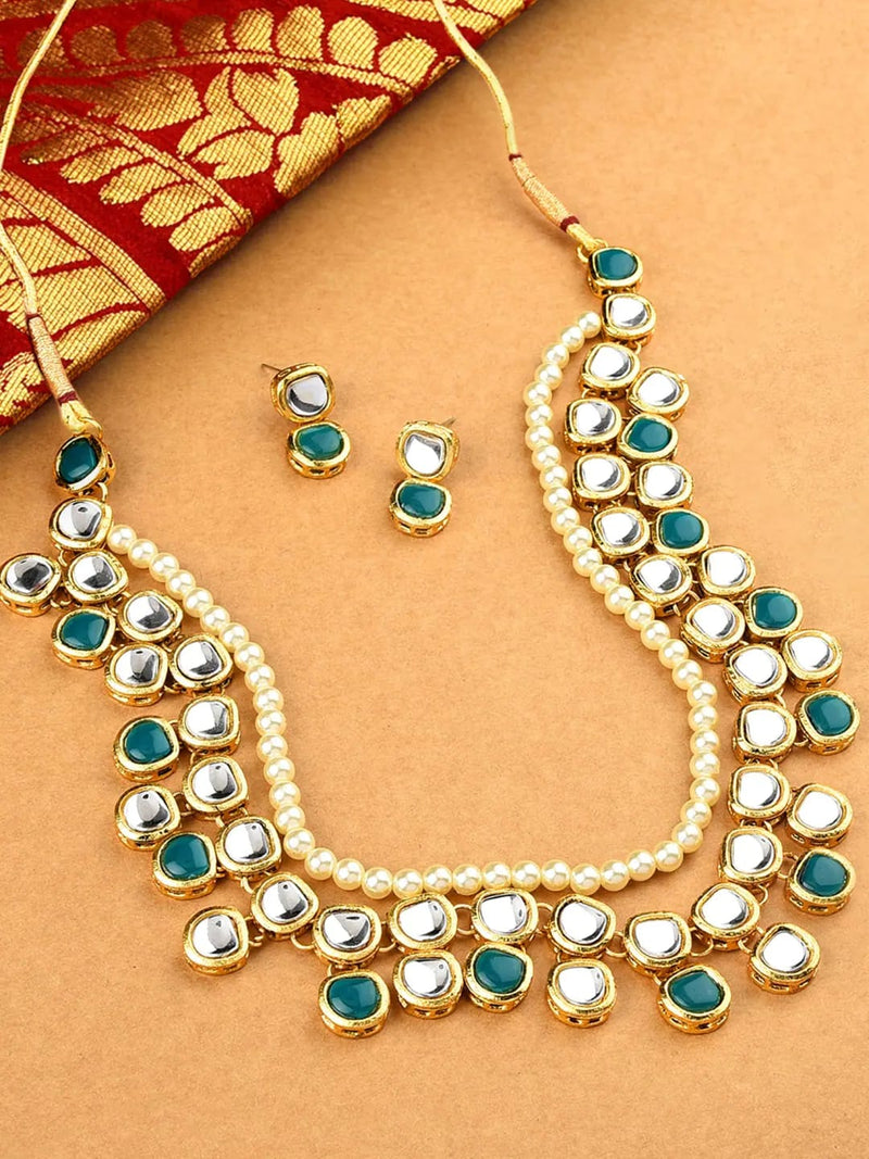 Gold Plated White Green Kundan Choker Necklace Set