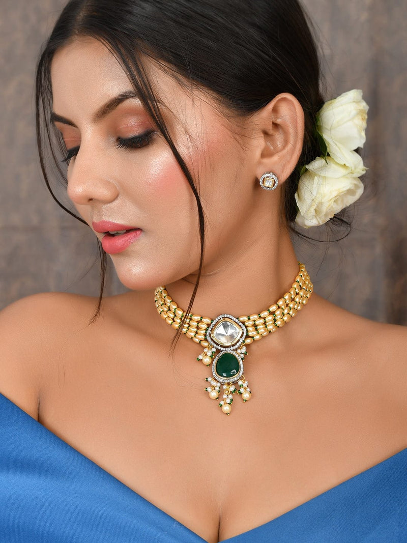 Gold Plated Kundan Choker Necklace With Earrings