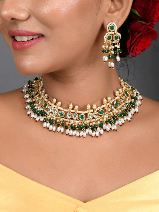 Gold Plated Kundan Choker Necklace With Earrings