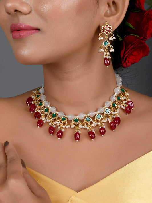 Gold Plated Kundan Choker Necklace With Earrings