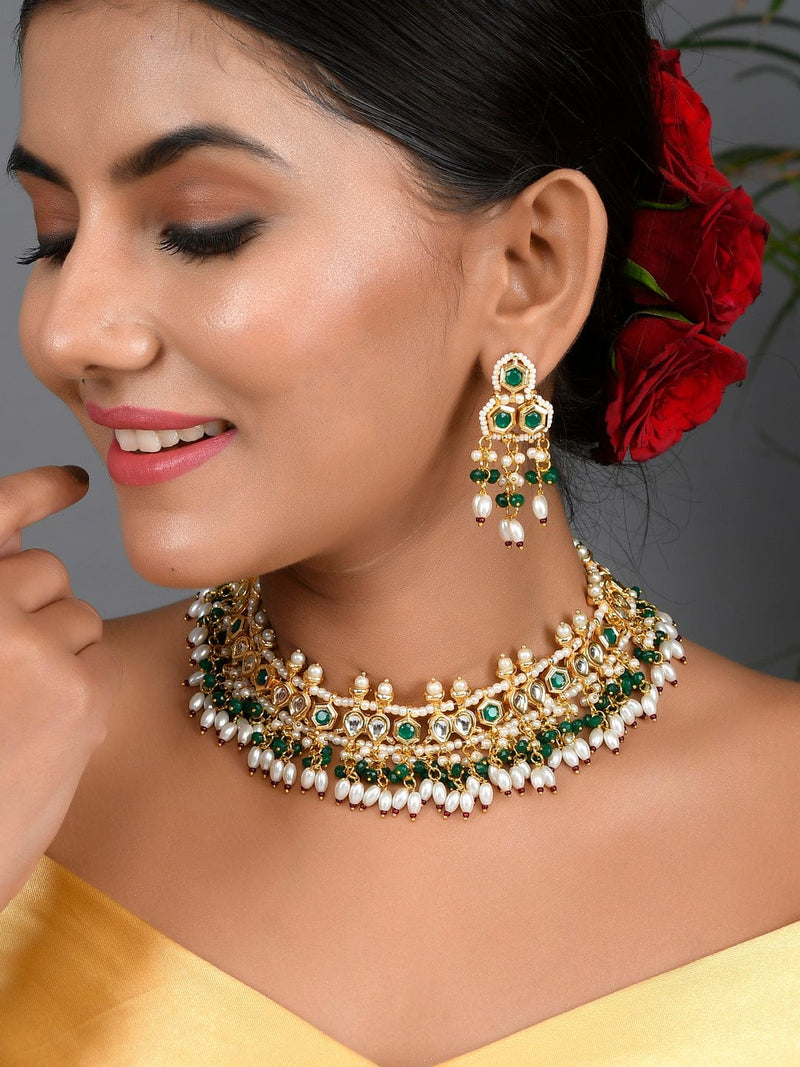 Gold Plated Kundan Choker Necklace With Earrings