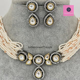 Wow Jewellery Gold Finish Kundan Polki & Pearl Necklace Set With Matching Earrings