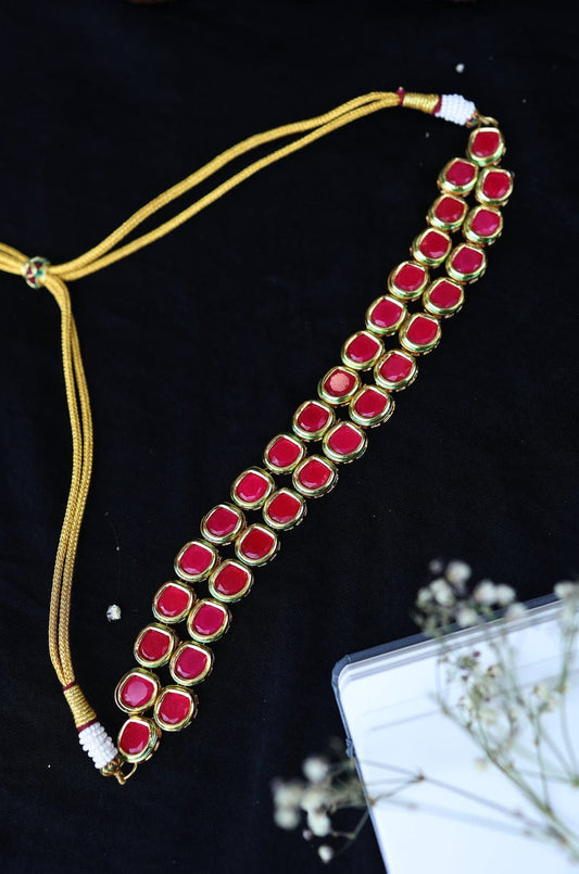 Gold Plated Red Kundan Embellished Choker Necklace Set