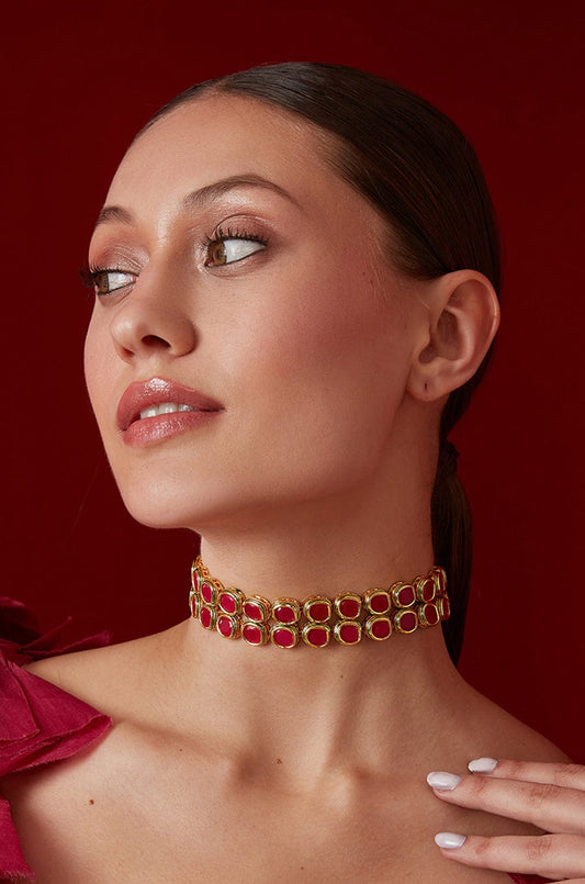 Gold Plated Red Kundan Embellished Choker Necklace Set