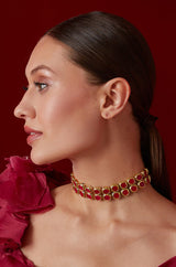 Gold Plated Red Kundan Embellished Choker Necklace Set
