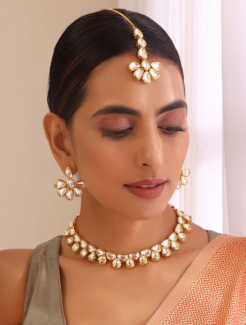 Gold Plated Kundan Embellished Choker Necklace Set