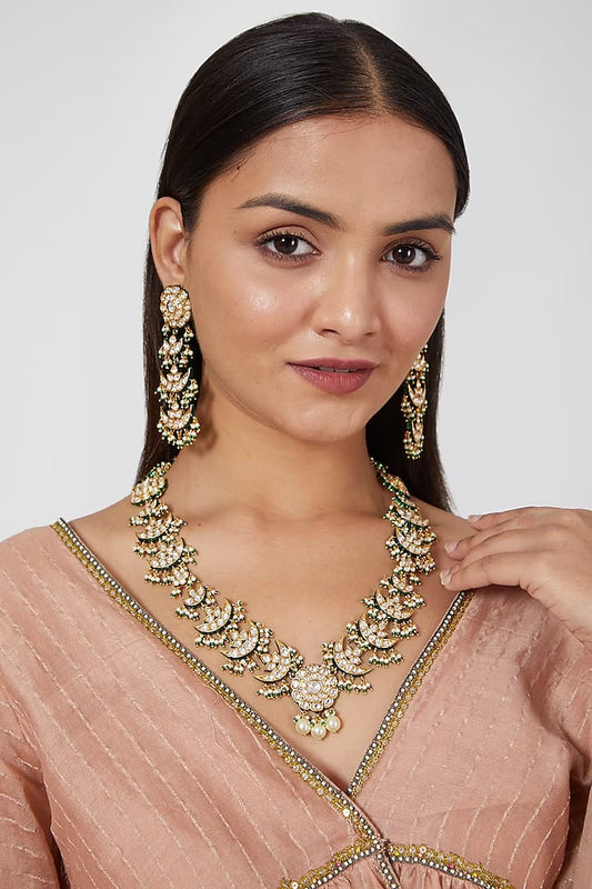 Gold Plated Kundan Polki & Pearl Long Necklace Set