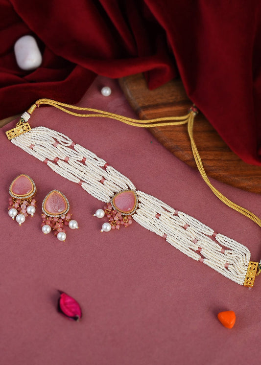 Gold Plated White Kundan & Pearl Beaded Jewellery Set
