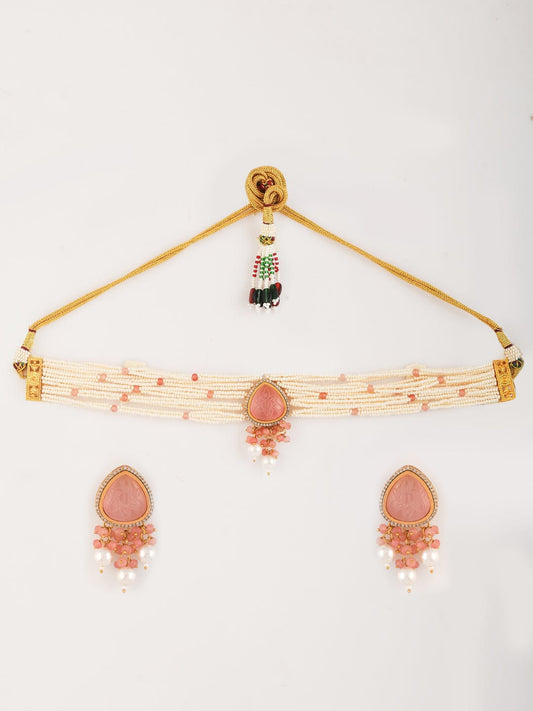 Gold Plated White Kundan & Pearl Beaded Jewellery Set