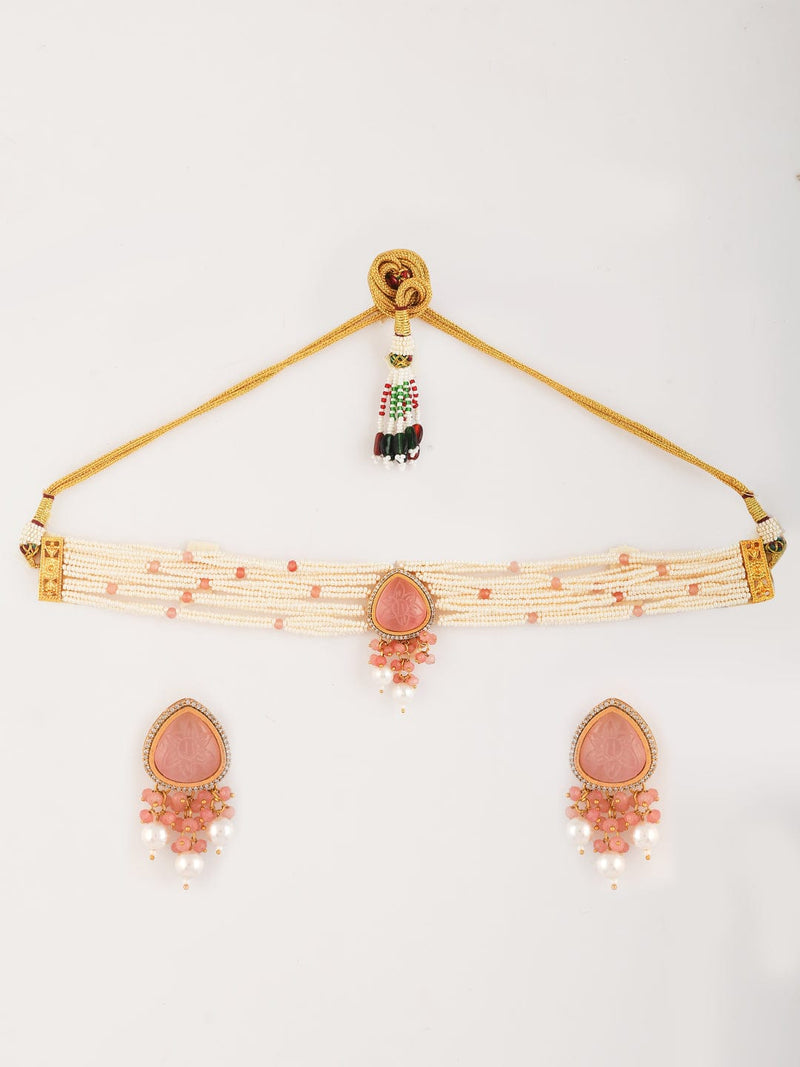 Gold Plated White Kundan & Pearl Beaded Jewellery Set
