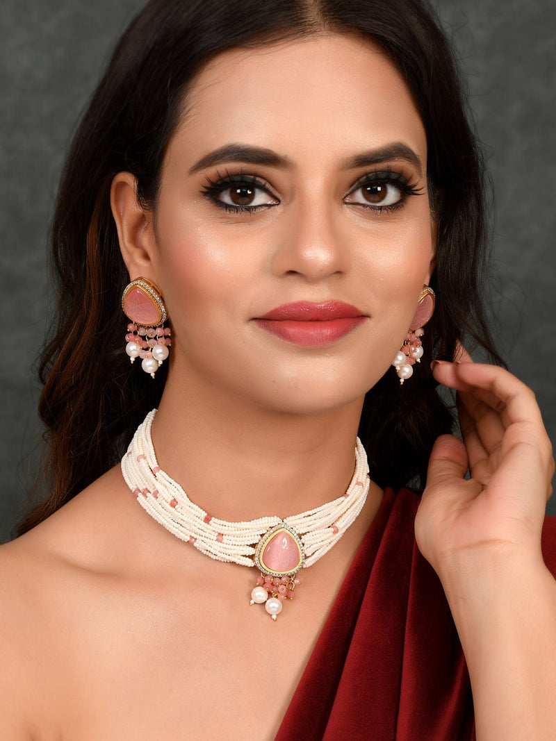 Gold Plated White Kundan & Pearl Beaded Jewellery Set