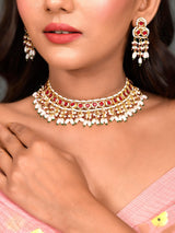 Gold Plated Red Kundan Necklace Set