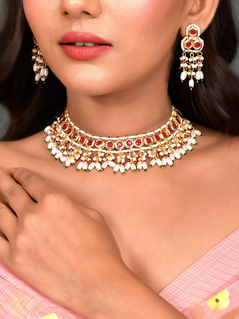 Gold Plated Red Kundan Necklace Set