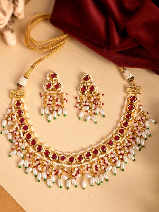 Gold Plated Red Kundan Necklace Set