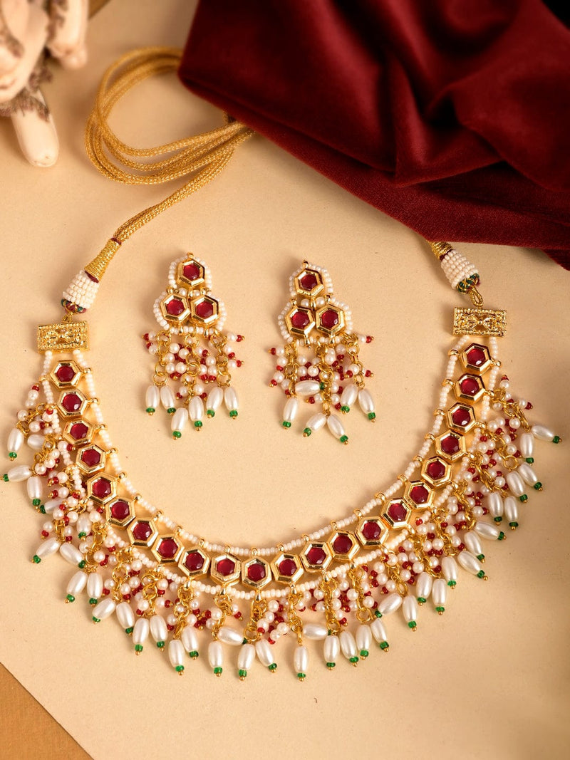 Gold Plated Red Kundan Necklace Set