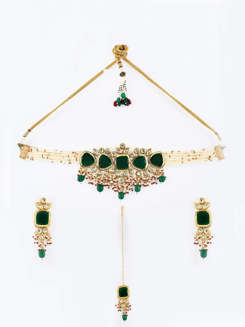 Gold Plated Kundan Necklace With Earring & Maangtika