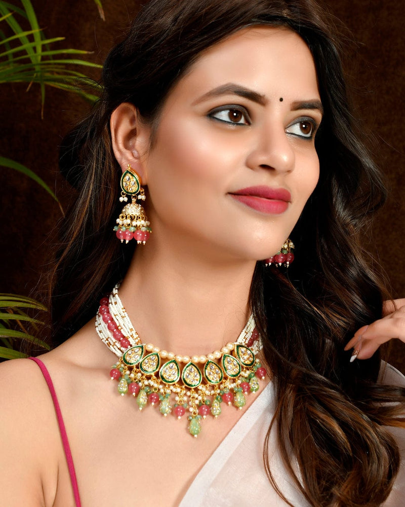 Gold Plated Kundan Necklace With Earring