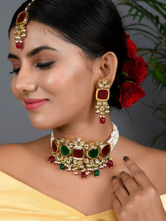 Gold Plated Multi Kundan & Pearl Beaded Necklace Set