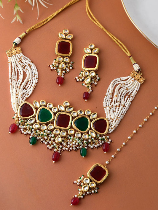 Gold Plated Multi Kundan & Pearl Beaded Necklace Set