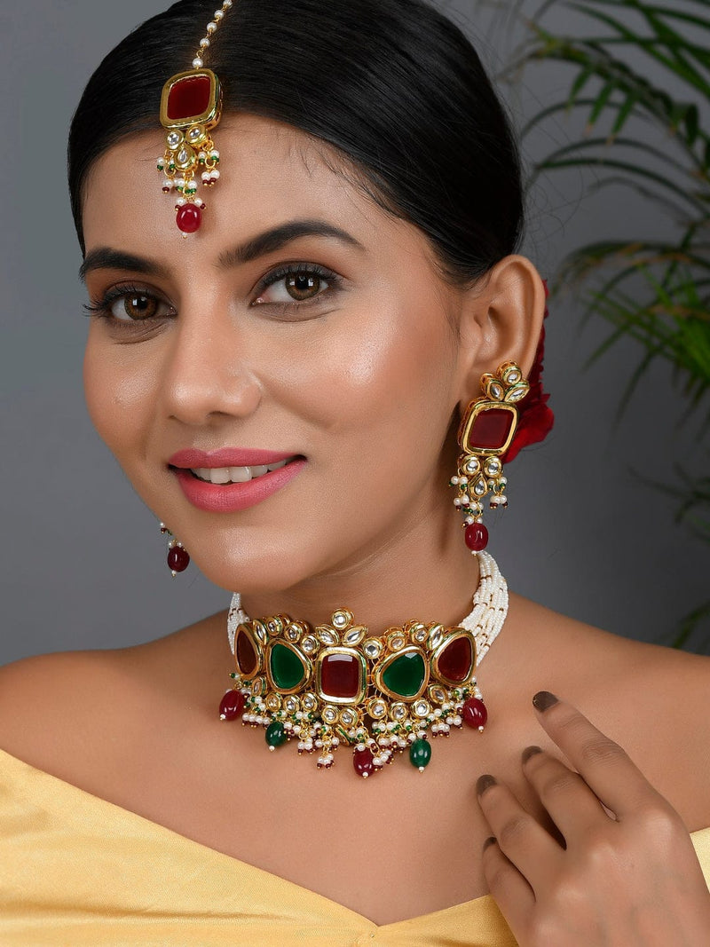Gold Plated Multi Kundan & Pearl Beaded Necklace Set