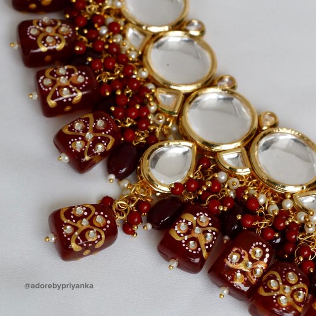 Gold Plated Kundan Necklace Set  ( Maroon Color )