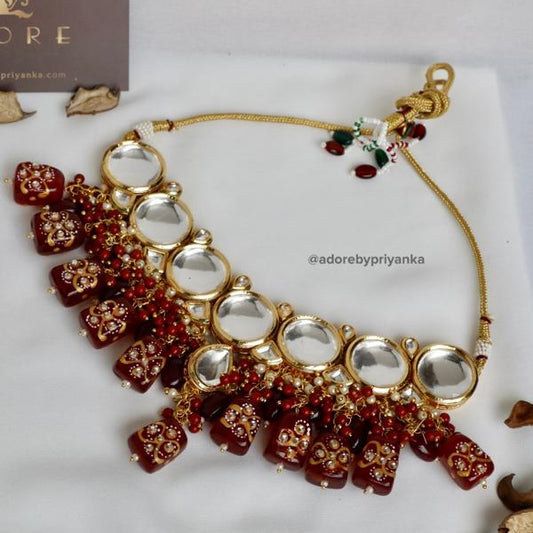 Gold Plated Kundan Necklace Set  ( Maroon Color )