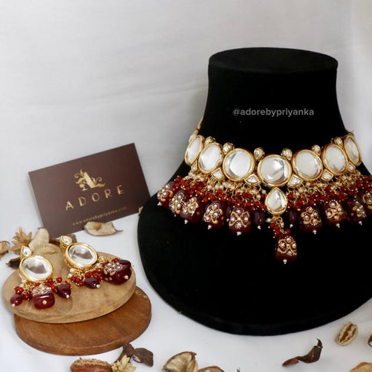 Gold Plated Kundan Necklace Set  ( Maroon Color )