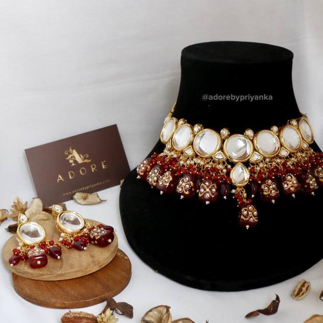 Gold Plated Kundan Necklace Set  ( Maroon Color )